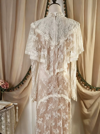 Robes de mariée vintage ligne A col haut avec manches longue robe de mariée d'été pour jardin N4115