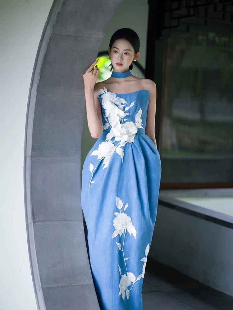 Robe de soirée élégante bleu satin sans bretelles longueur mi-mollet pour 18e anniversaire, Robes de bal N4116