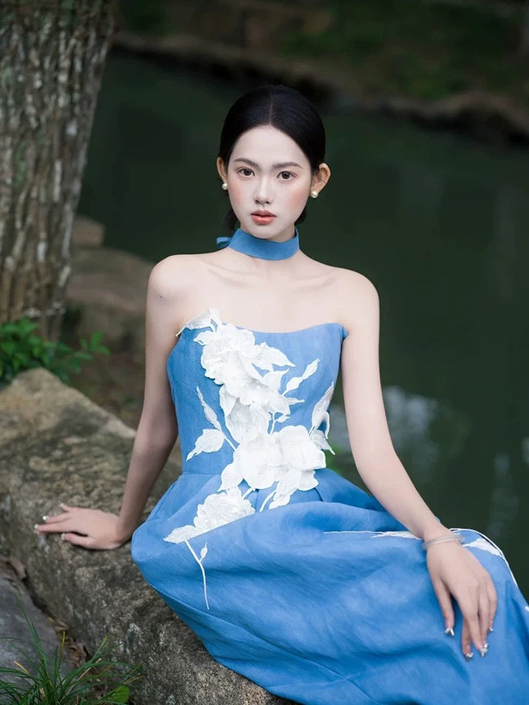 Robe de soirée élégante bleu satin sans bretelles longueur mi-mollet pour 18e anniversaire, Robes de bal N4116