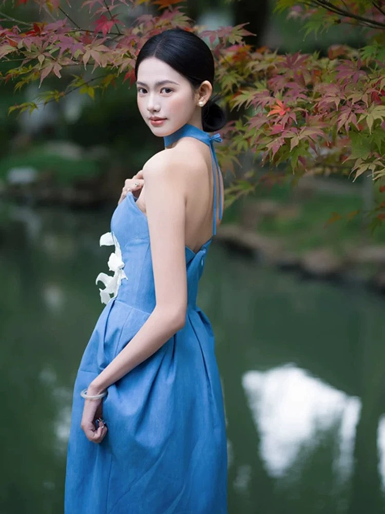 Robe de soirée élégante bleu satin sans bretelles longueur mi-mollet pour 18e anniversaire, Robes de bal N4116