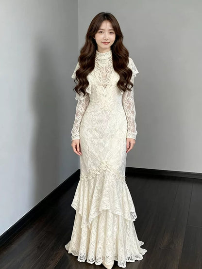 Robes de mariée vintage Sirène Col haut avec manches Robe de mariée longue d'été pour jardin N4117