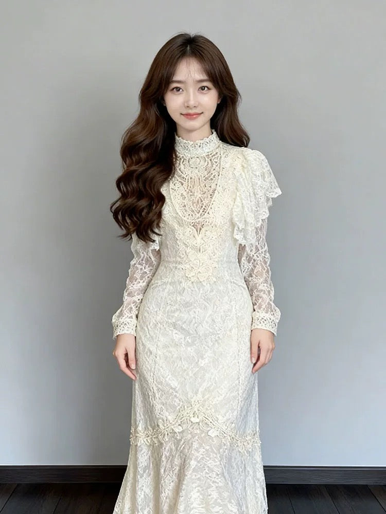 Robes de mariée vintage Sirène Col haut avec manches Robe de mariée longue d'été pour jardin N4117