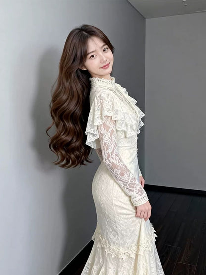 Robes de mariée vintage Sirène Col haut avec manches Robe de mariée longue d'été pour jardin N4117