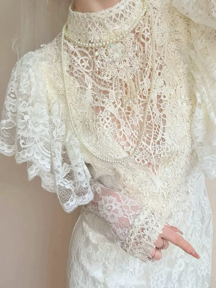 Robes de mariée vintage Sirène Col haut avec manches Robe de mariée longue d'été pour jardin N4117