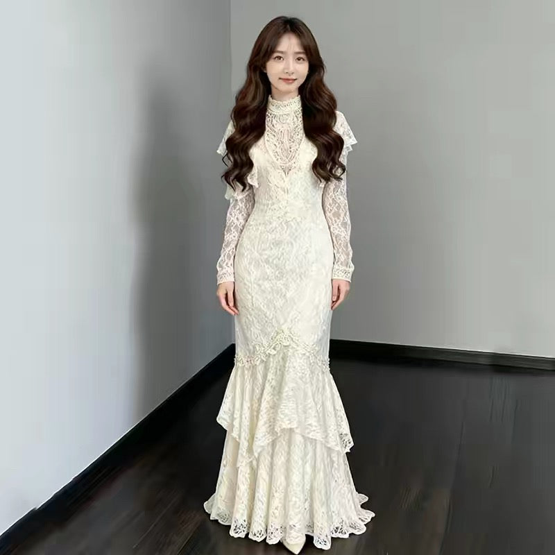 Robes de mariée vintage Sirène Col haut avec manches Robe de mariée longue d'été pour jardin N4117