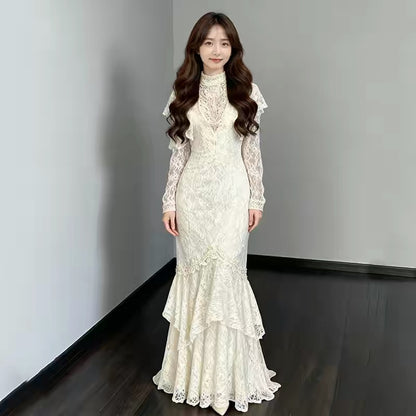 Robes de mariée vintage Sirène Col haut avec manches Robe de mariée longue d'été pour jardin N4117