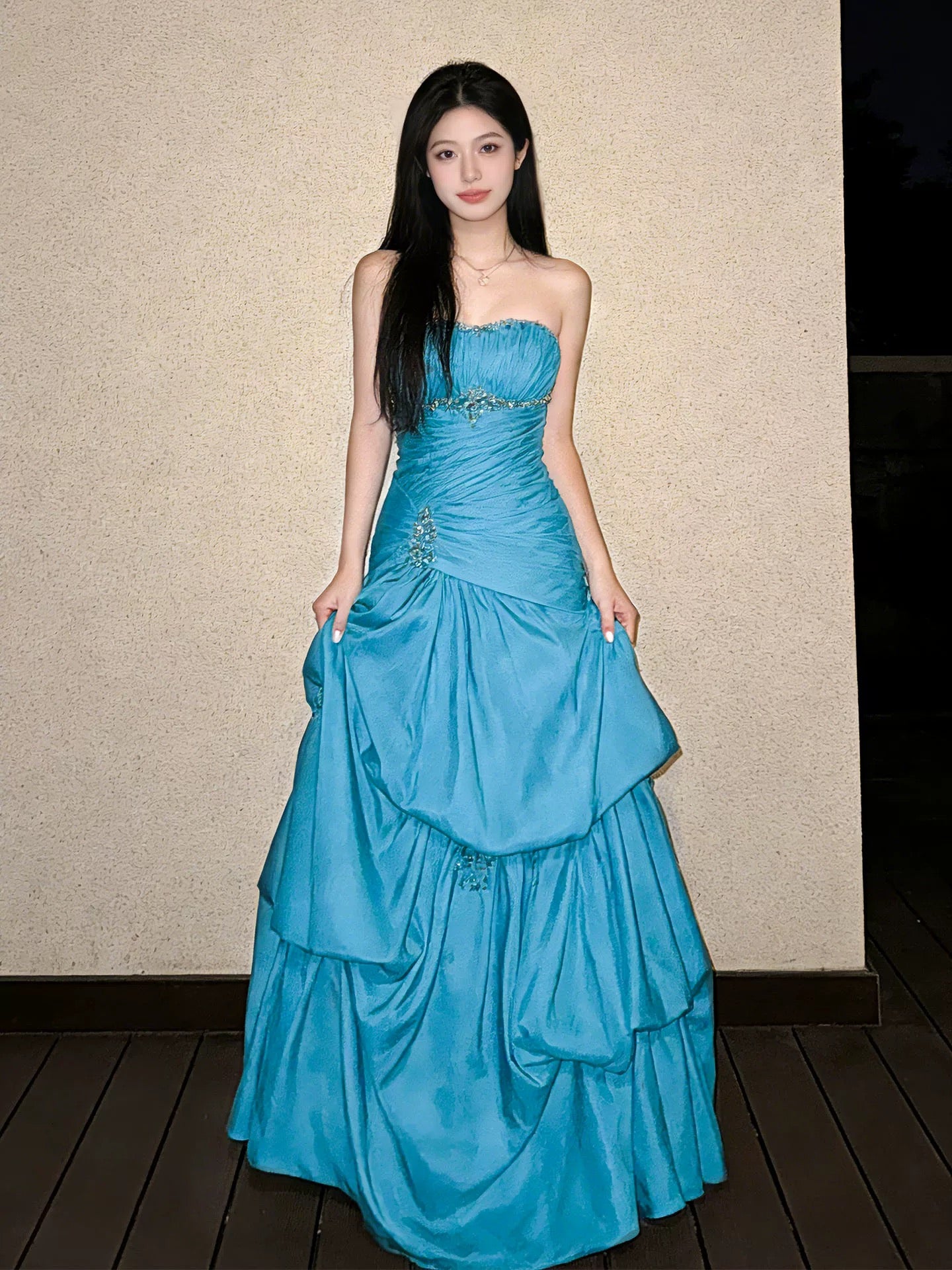 Robe de bal modeste bustier en satin bleu Élégante tenue d'anniversaire Robes de soirée formelles N4118