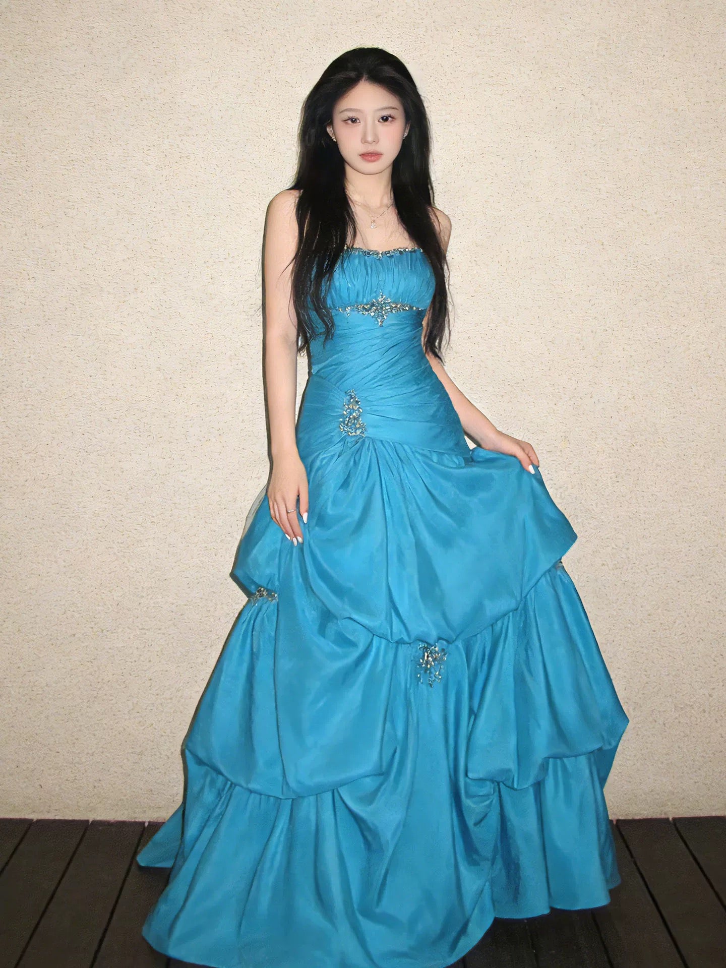 Robe de bal modeste bustier en satin bleu Élégante tenue d'anniversaire Robes de soirée formelles N4118