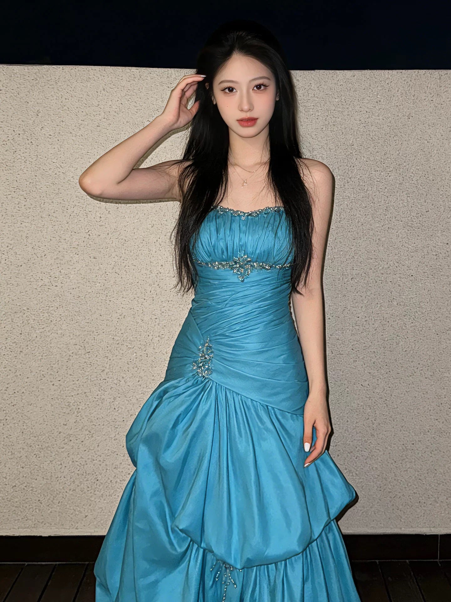 Robe de bal modeste bustier en satin bleu Élégante tenue d'anniversaire Robes de soirée formelles N4118
