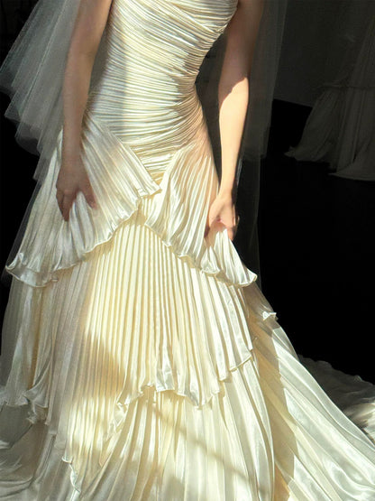 Vintage Wedding Dresses Mermaid Strapless Pleated Satin Long Summer Garden Wedding Dress N4119