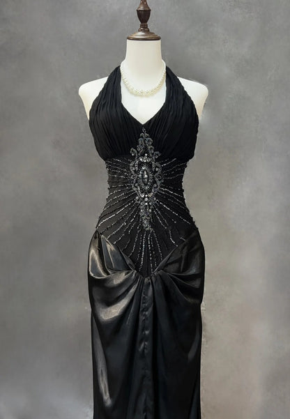 Glamour Prom Dresses Mermaid Halter Black Tie With Silver Beading Formal Evening Outfits N3840