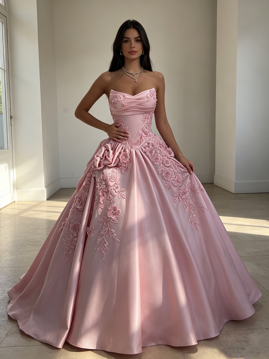 Elegantes, schulterfreies Ballkleid aus rosa Satin mit Blumen, formelle Perfektion – Traumhaftes langes Abendkleid für Abschlussball und Party, RB6758