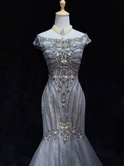 Robes de bal tendance Inspiration sirène Col rond Gris Bleu Gala Tulle avec perles Robes de soirée N3195