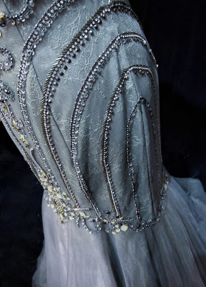 Robes de bal tendance Inspiration sirène Col rond Gris Bleu Gala Tulle avec perles Robes de soirée N3195