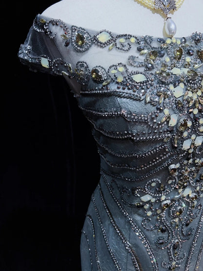 Robes de bal tendance Inspiration sirène Col rond Gris Bleu Gala Tulle avec perles Robes de soirée N3195
