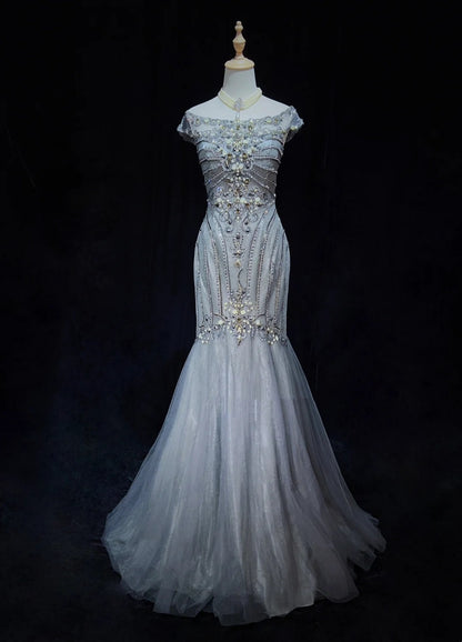 Robes de bal tendance Inspiration sirène Col rond Gris Bleu Gala Tulle avec perles Robes de soirée N3195