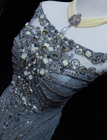 Robes de bal tendance Inspiration sirène Col rond Gris Bleu Gala Tulle avec perles Robes de soirée N3195