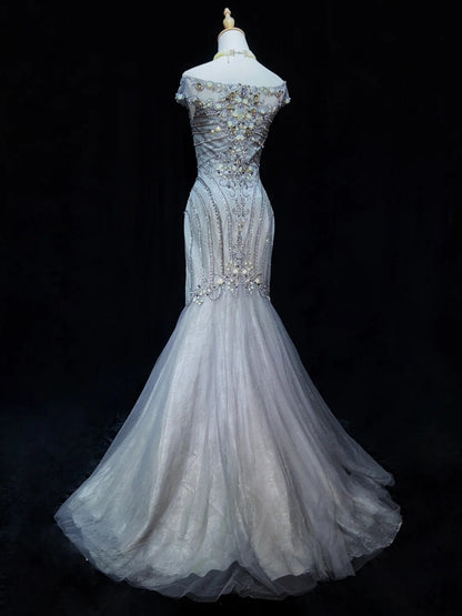 Robes de bal tendance Inspiration sirène Col rond Gris Bleu Gala Tulle avec perles Robes de soirée N3195
