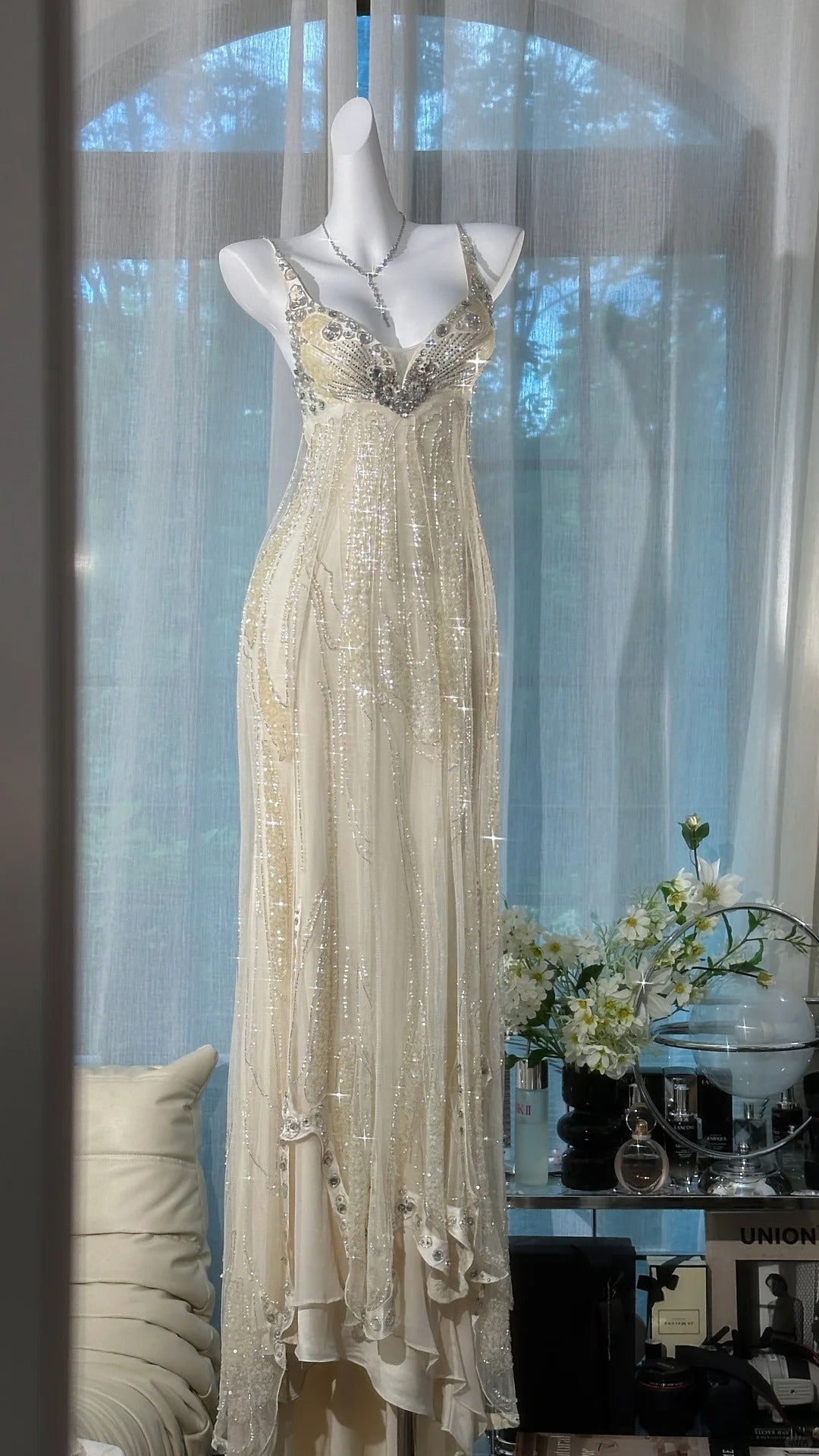 Charmante Abschlussballkleider Meerjungfrau Spaghettiträger Champagner Chiffon Bodenlang Abendoutfits N3584