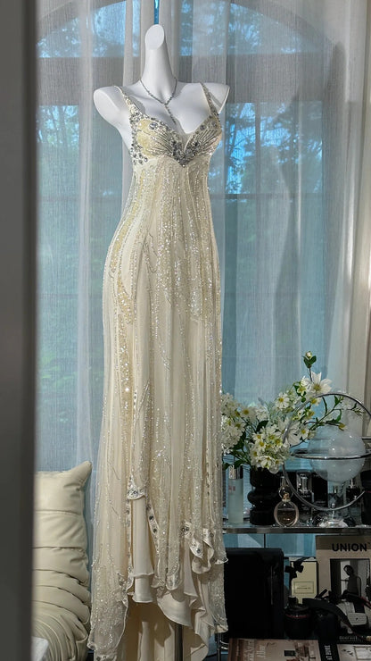 Charmante Abschlussballkleider Meerjungfrau Spaghettiträger Champagner Chiffon Bodenlang Abendoutfits N3584