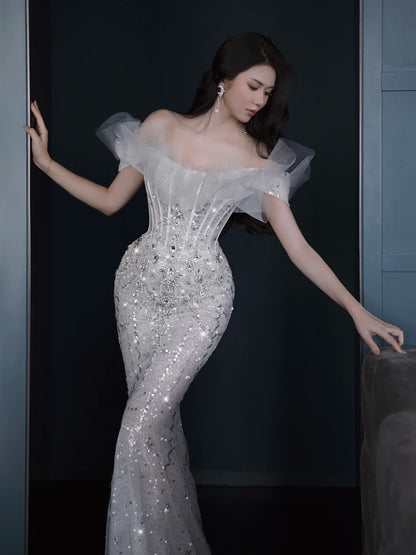 Fairytale Fantasy Art Wedding Dresses Mermaid Off The Shoulder White Sequin With Sleeves Long Brides Dress Fitted Bridal Gowns N996
