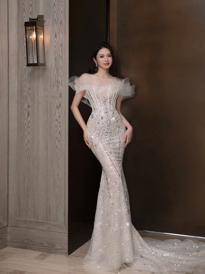 Fairytale Fantasy Art Wedding Dresses Mermaid Off The Shoulder White Sequin With Sleeves Long Brides Dress Fitted Bridal Gowns N996