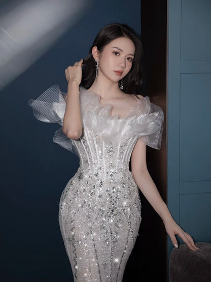 Fairytale Fantasy Art Wedding Dresses Mermaid Off The Shoulder White Sequin With Sleeves Long Brides Dress Fitted Bridal Gowns N996