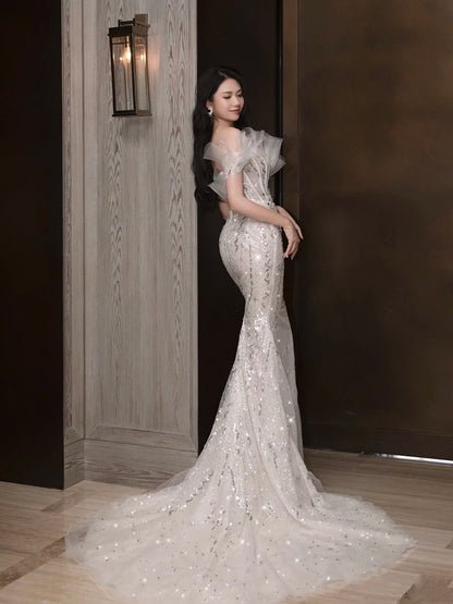 Fairytale Fantasy Art Wedding Dresses Mermaid Off The Shoulder White Sequin With Sleeves Long Brides Dress Fitted Bridal Gowns N996