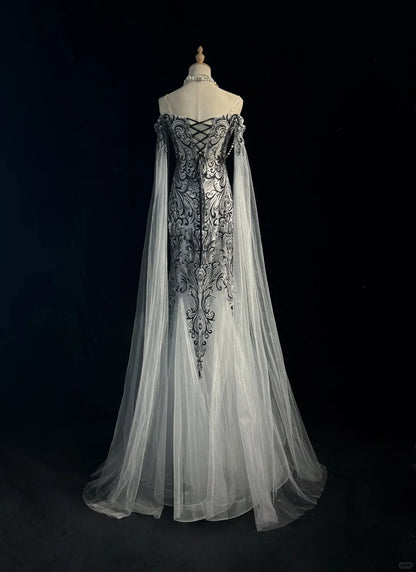 Vintage Prom Dresses 80s Mermaid Off The Shoulder Silver Grey Tulle With Long Sleeves Floor Length Formal Outfits RB4334