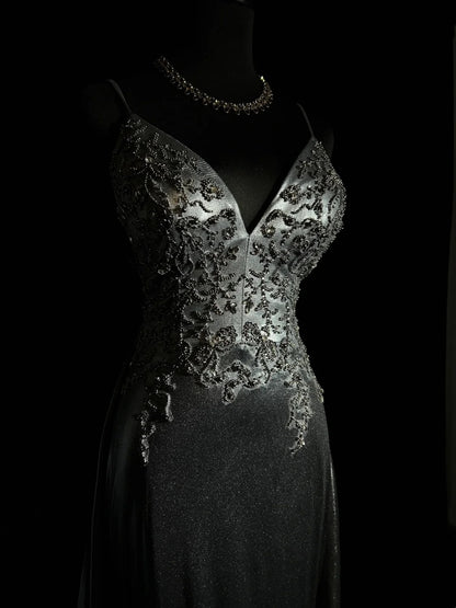 Modest Prom Dresses Mermaid Spaghetti Strap Dark Grey Sleeveless Long Formal Evening Outfits N3628