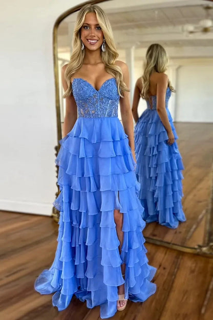 A line Sweetheart Pale Yellow Chiffon Flowy Ruffle Long Formal Gowns Prom Dresses Evening Dress AB711