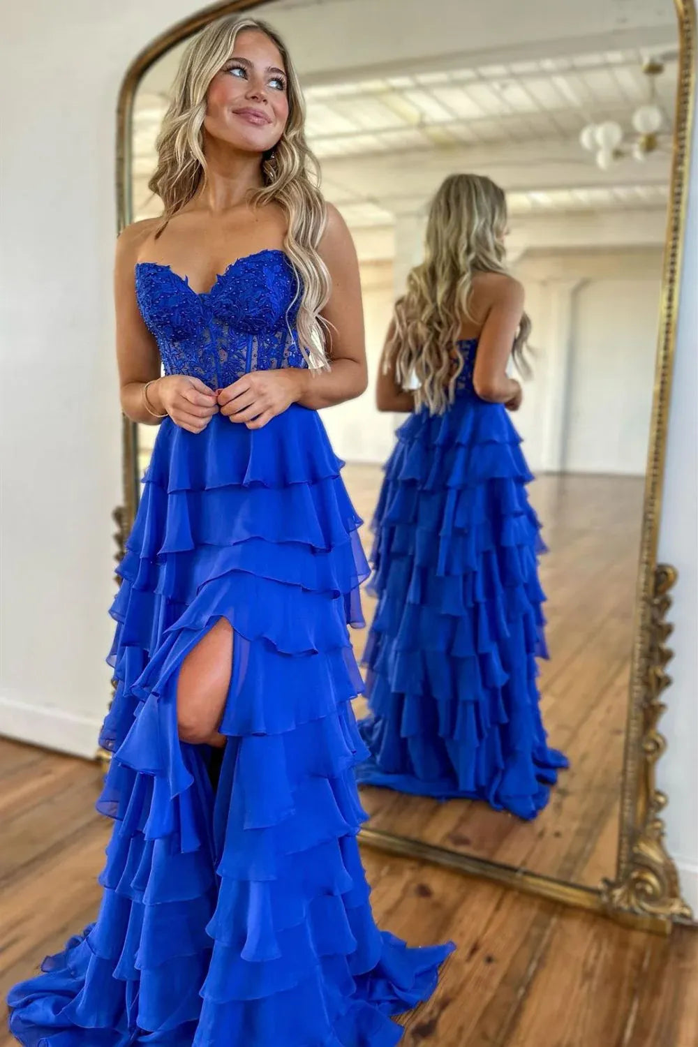 A line Sweetheart Pale Yellow Chiffon Flowy Ruffle Long Formal Gowns Prom Dresses Evening Dress AB711