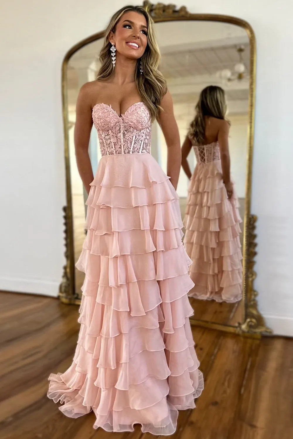 A line Sweetheart Pale Yellow Chiffon Flowy Ruffle Long Formal Gowns Prom Dresses Evening Dress AB711