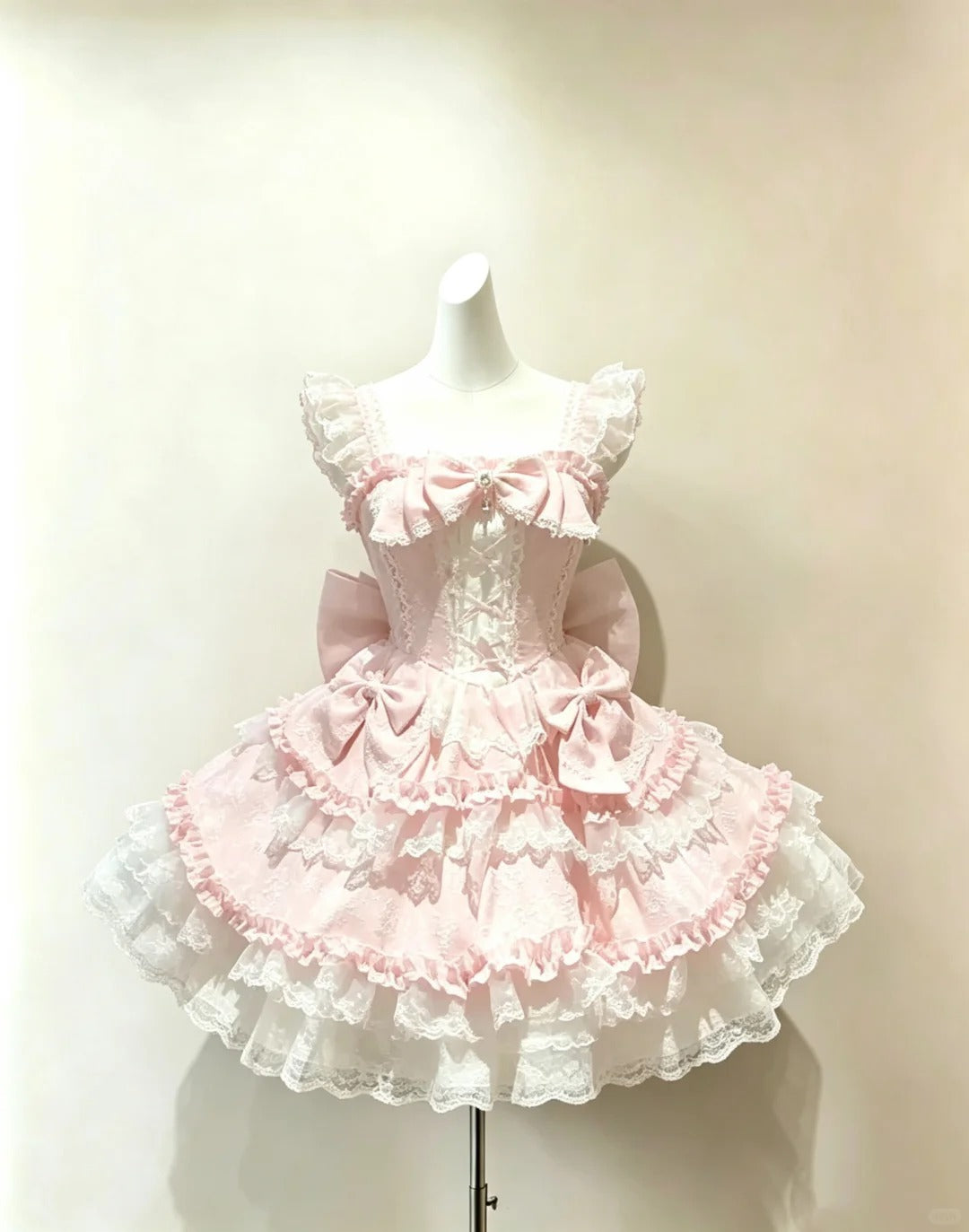 Robe de bal douce à col carré rose et dentelle blanche avec nœud, robe de soirée Lolita, robe de retour à la maison, tenue de cocktail Hoco RB4678