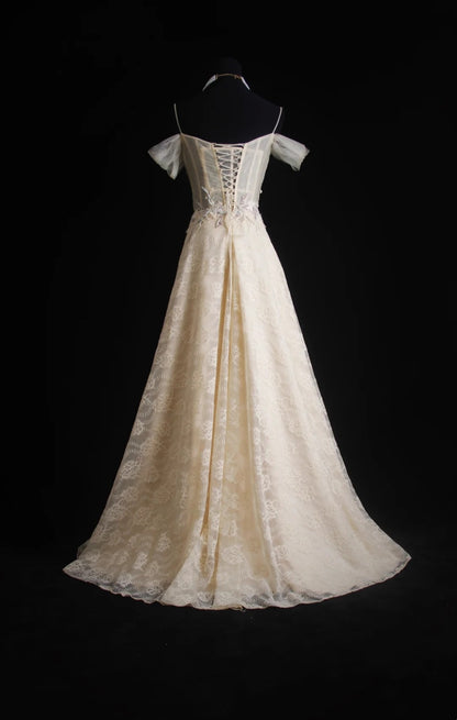 Retro-A-Linien-Abendkleid aus Tüll mit Spaghettiträgern und bodenlanger Verarbeitung sowie applizierter Perlenstickerei AB1584