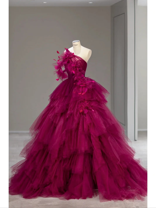Robes de bal de princesse Robe de bal à une épaule en tulle fuchsia rose doux 16 Robe longue de soirée formelle RB4013