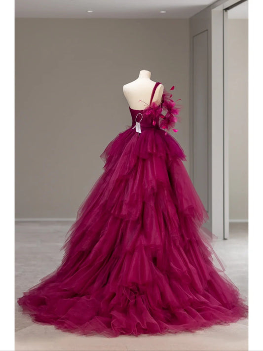 Robes de bal de princesse Robe de bal à une épaule en tulle fuchsia rose doux 16 Robe longue de soirée formelle RB4013
