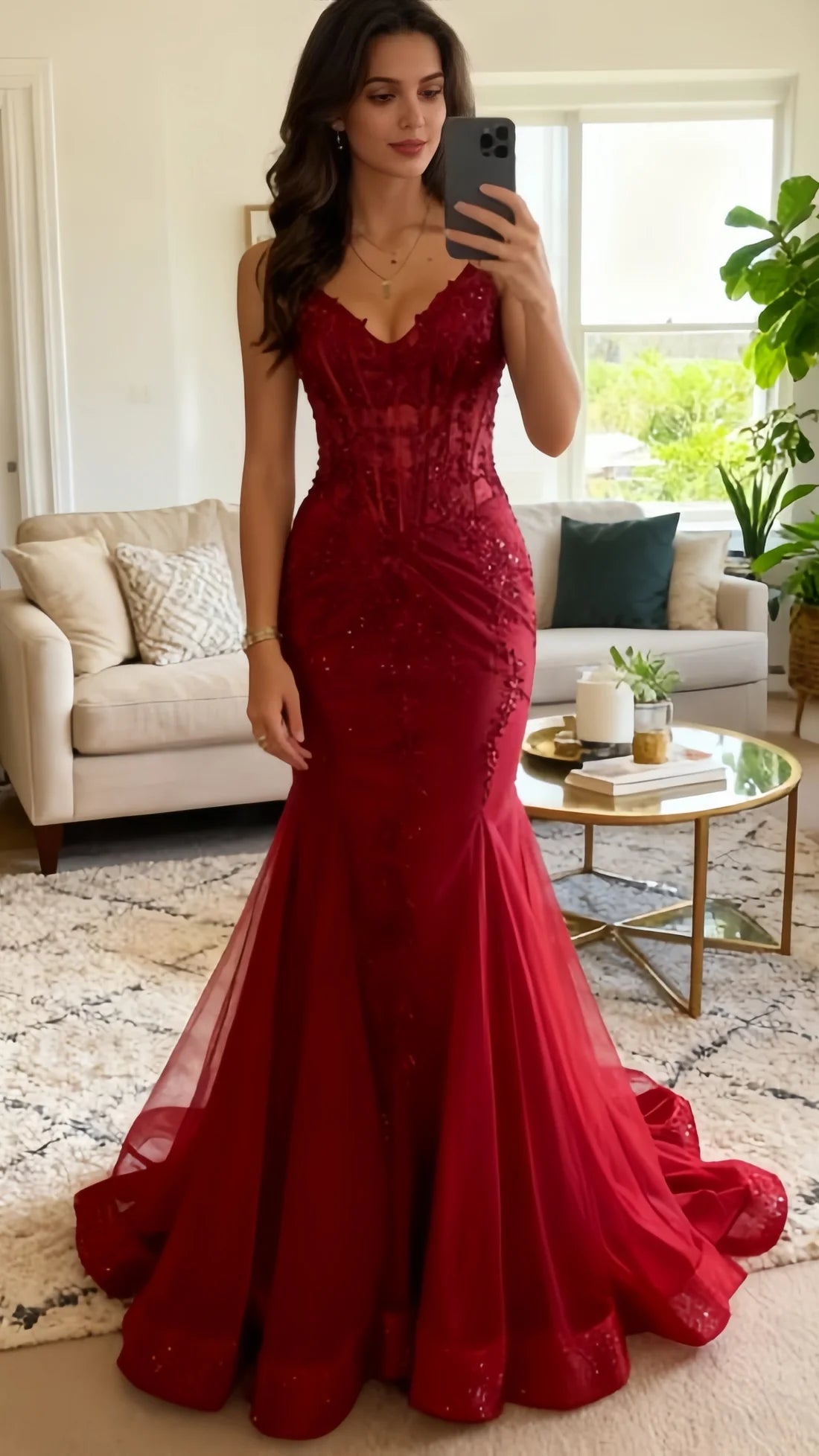 Meerjungfrauen-Abendkleid aus burgunderrotem Tüll mit V-Ausschnitt und Spitze, formelles Abendkleid AB543