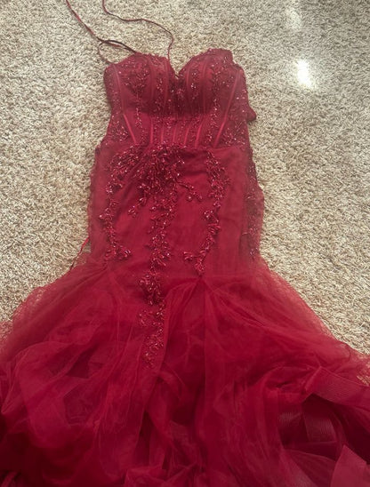Meerjungfrauen-Abendkleid aus burgunderrotem Tüll mit V-Ausschnitt und Spitze, formelles Abendkleid AB543