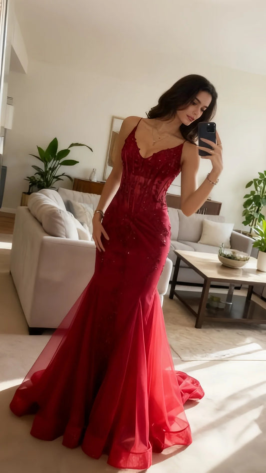 Bescheidene Meerjungfrau Spaghettiträger Burgunder Spitze Tüll Ballkleider Inspiration Ballkleid Prinzessin Abschlusskleid B356
