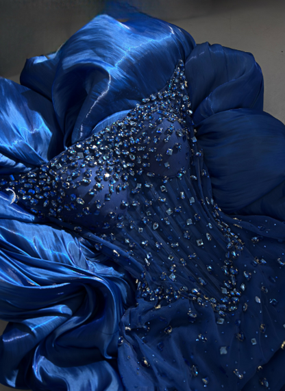 Robe de soirée bustier bleu roi à sequins et perles, coupe trapèze, style modeste, idéale pour les lycéennes et les bals de fin d'année (N001)