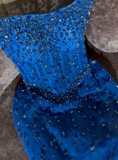 Robe de soirée bustier bleu roi à sequins et perles, coupe trapèze, style modeste, idéale pour les lycéennes et les bals de fin d'année (N001)