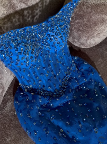 Robe de soirée bustier bleu roi à sequins et perles, coupe trapèze, style modeste, idéale pour les lycéennes et les bals de fin d'année (N001)