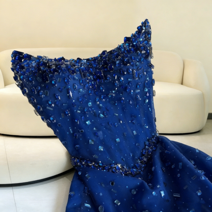 Robe de soirée bustier bleu roi à sequins et perles, coupe trapèze, style modeste, idéale pour les lycéennes et les bals de fin d'année (N001)