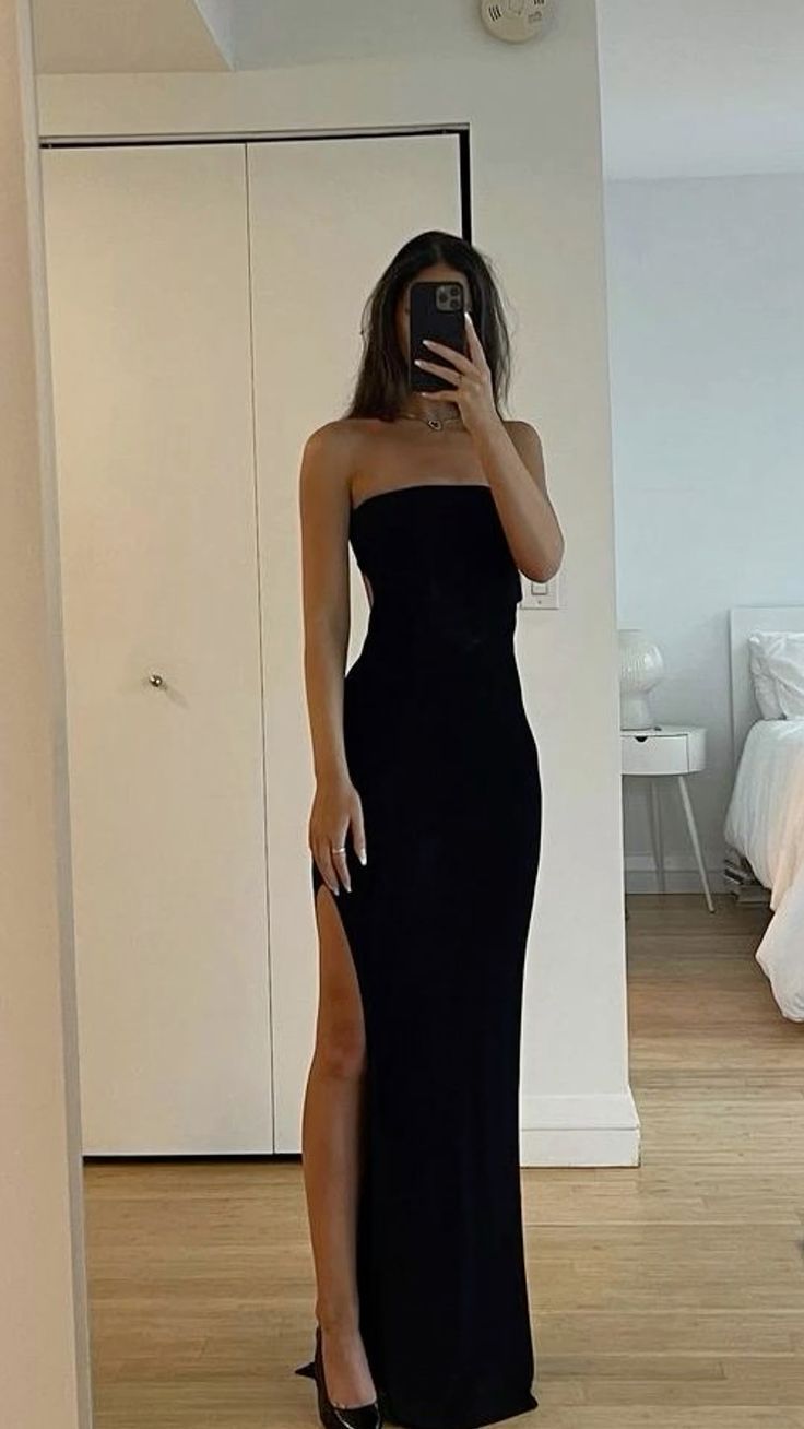 Robe de soirée noire fourreau sans bretelles fendue, style modeste, pour bal de fin d'année des lycéennes (N010)
