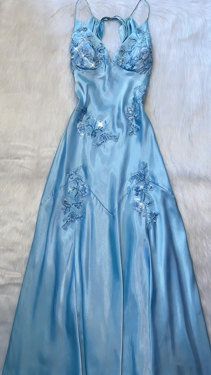 Robe de soirée sirène modeste à bretelles spaghetti, dos nu en dentelle raisin, satin, idéale pour le bal de fin d'année des lycéennes (N014)