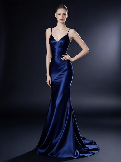 Elegantes Meerjungfrauen-Kleid mit Spaghettiträgern in Marineblau – langes Ballkleid für Teenager (N1126)