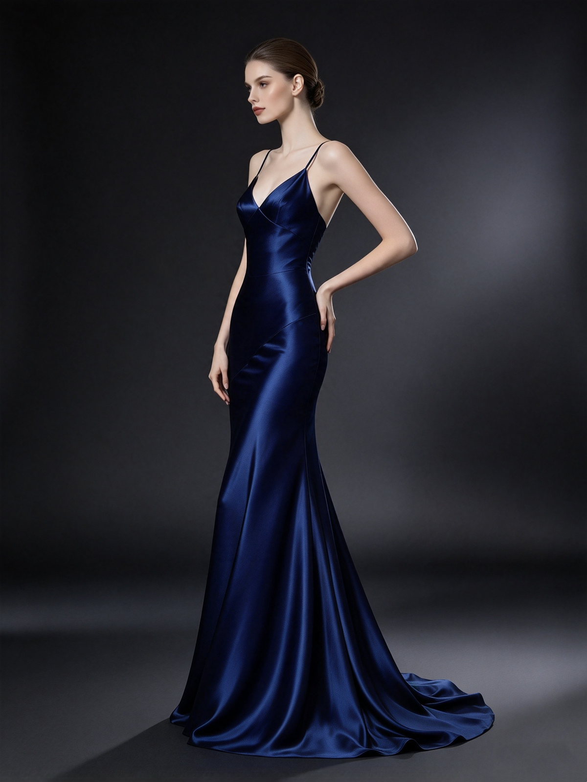 Elegantes Meerjungfrauen-Kleid mit Spaghettiträgern in Marineblau – langes Ballkleid für Teenager (N1126)