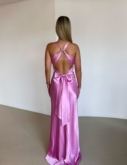Robe de soirée longue rose satinée, style sirène, dos nu, en satin, idéale pour l'été, la plage ou un bal de promo (N1396)