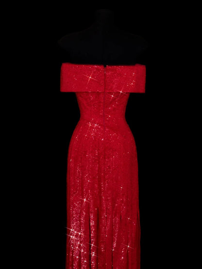 Robe de bal longue rouge chic à épaules dénudées, plissée, à volants et sequins, inspiration robe de soirée formelle N152